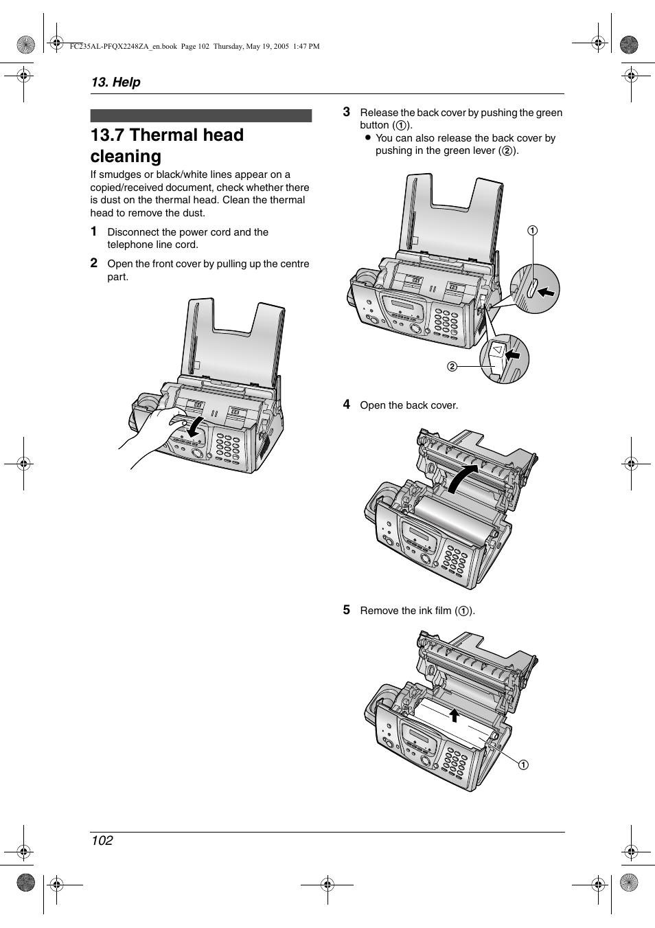 7 thermal head cleaning, Thermal head cleaning, 7 thermal head cleaning | Panasonic KX-FC231NZ User Manual | Page 104 / 114