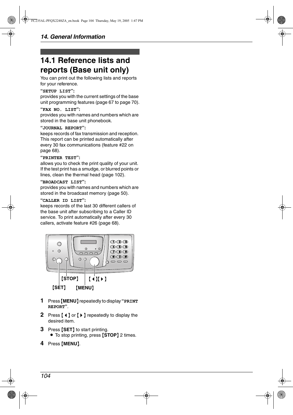 General information, Printed reports, 1 reference lists and reports (base unit only) | Reference lists and reports (base unit, Only), 1 reference lists and reports (base unit only), General information 104 | Panasonic KX-FC231NZ User Manual | Page 106 / 114