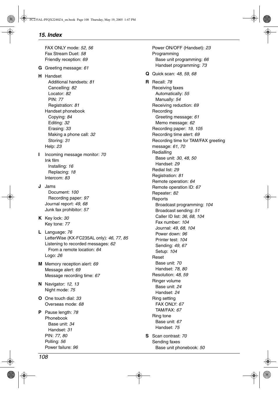 Index 108 | Panasonic KX-FC231NZ User Manual | Page 110 / 114