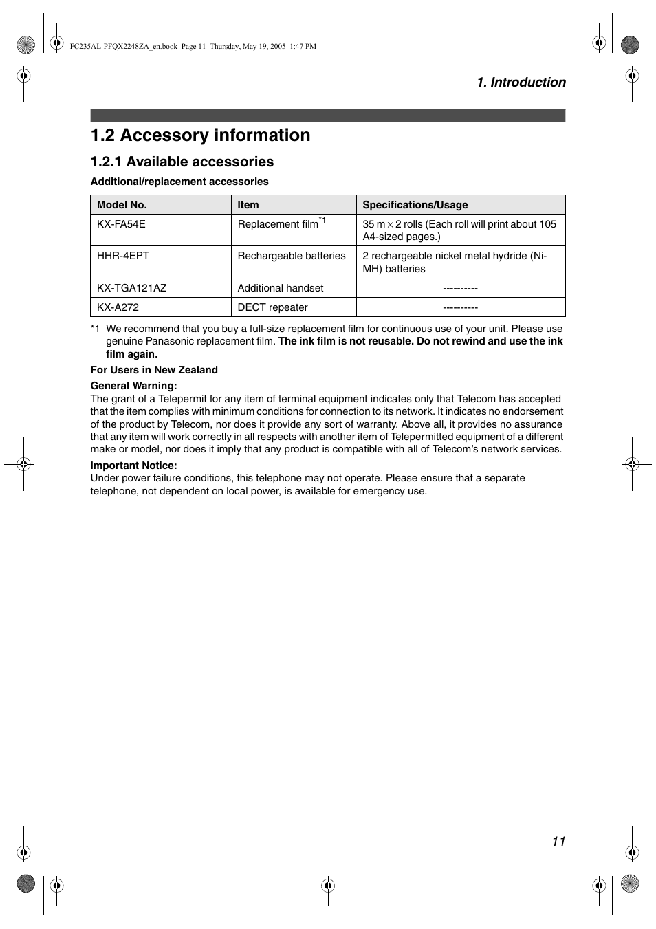 2 accessory information, Accessory information, 2 accessory information | 1 available accessories | Panasonic KX-FC231NZ User Manual | Page 13 / 114
