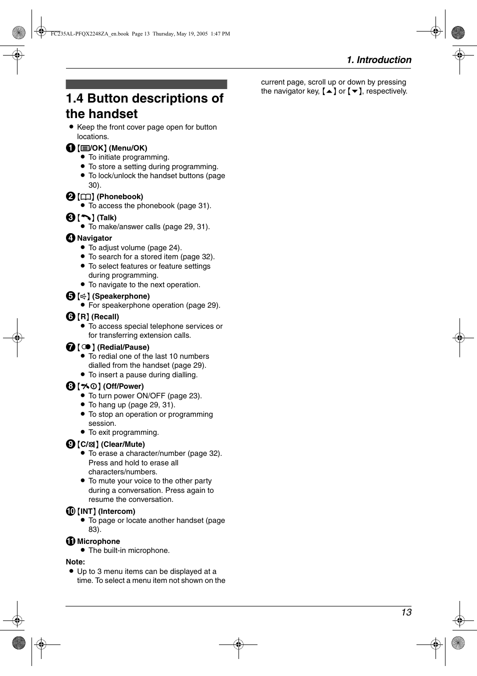 4 button descriptions of the handset, Button descriptions of the handset, 4 button descriptions of the handset | Panasonic KX-FC231NZ User Manual | Page 15 / 114