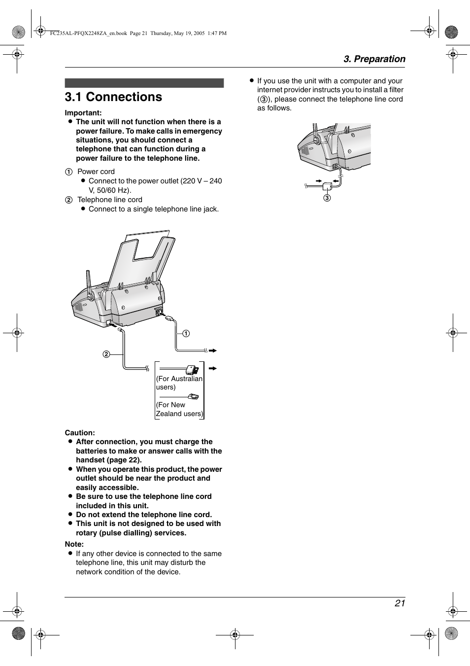 Preparation, Connections and setup, 1 connections | Connections, 1 connections, Preparation 21 | Panasonic KX-FC231NZ User Manual | Page 23 / 114