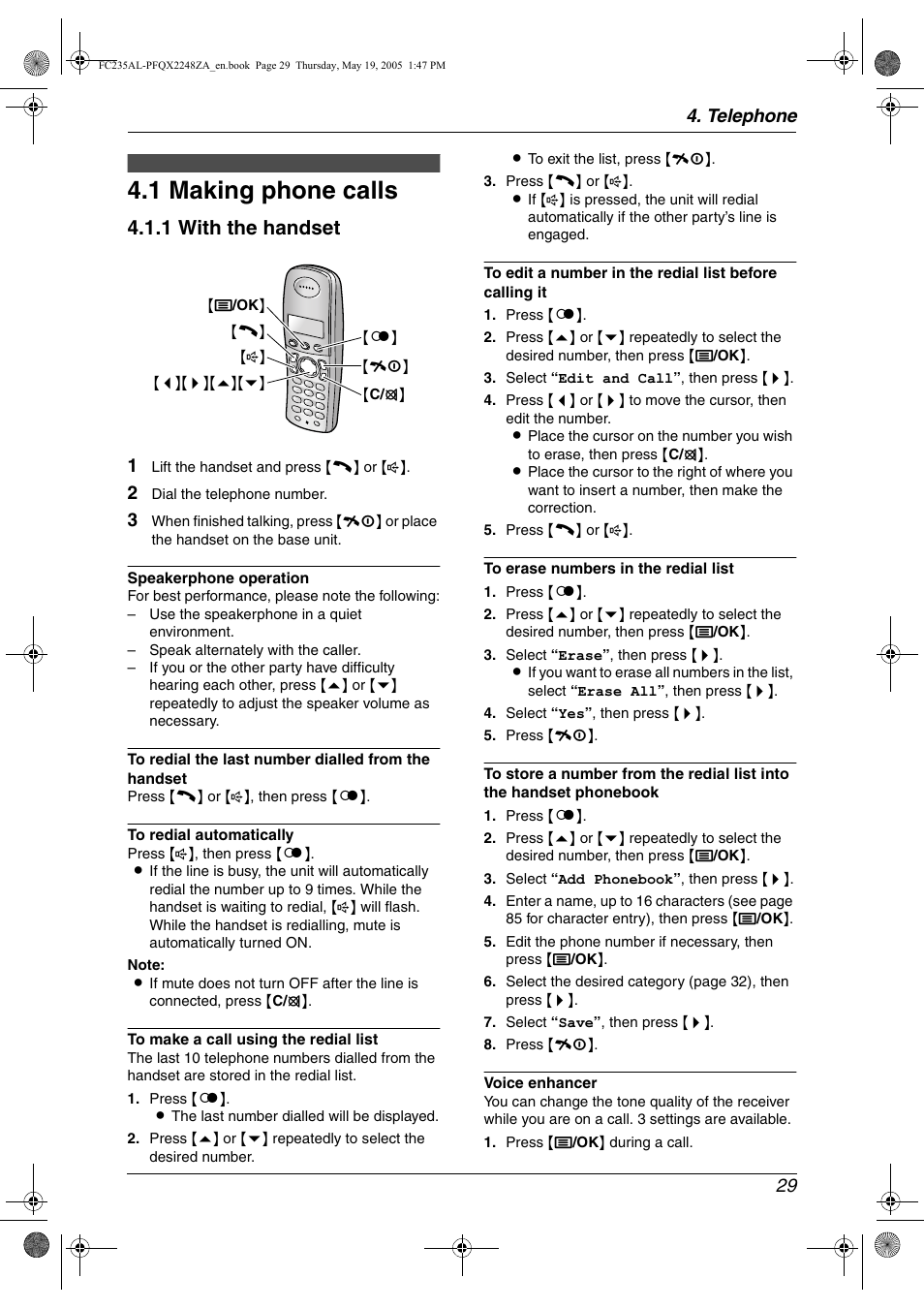 Telephone, Making and answering calls, 1 making phone calls | Making phone calls, 1 making phone calls, 1 with the handset, Telephone 29 | Panasonic KX-FC231NZ User Manual | Page 31 / 114