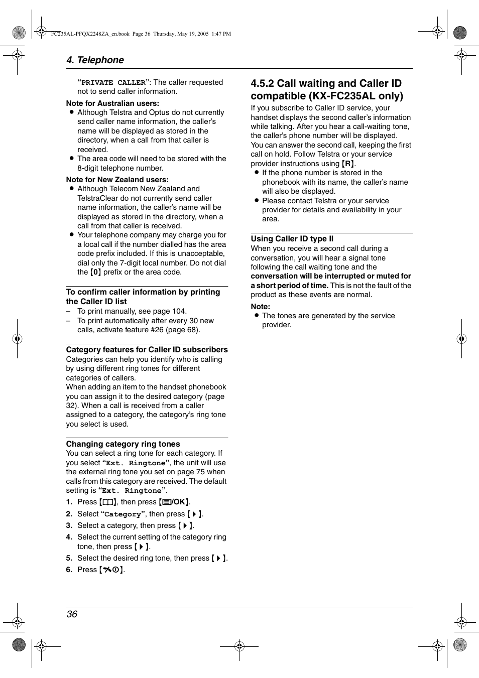 Telephone 36 | Panasonic KX-FC231NZ User Manual | Page 38 / 114