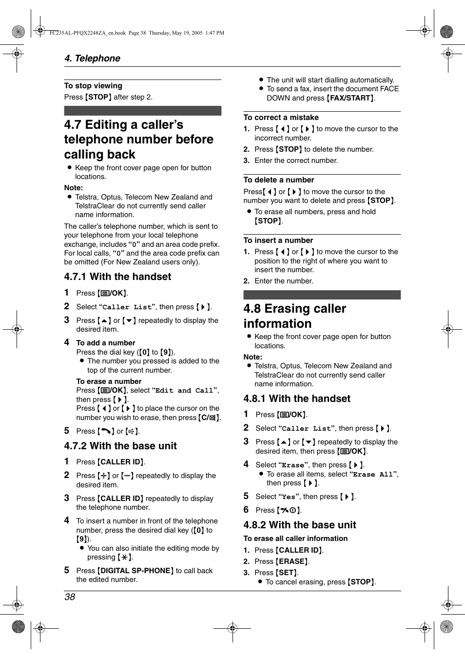 8 erasing caller information, Erasing caller information, 8 erasing caller information | 1 with the handset, 2 with the base unit | Panasonic KX-FC231NZ User Manual | Page 40 / 114
