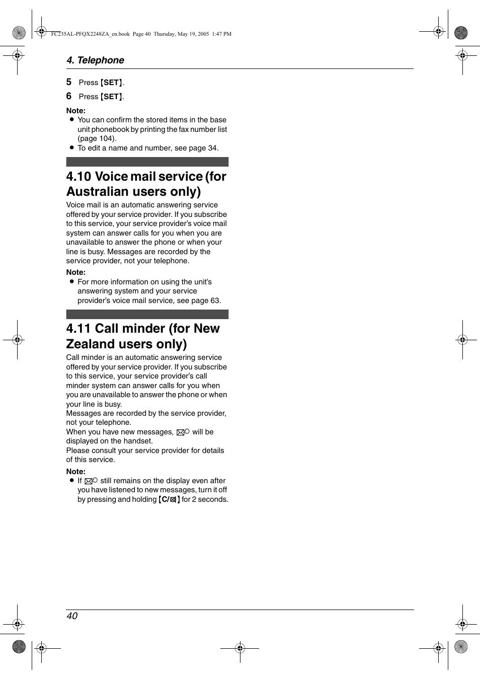 10 voice mail service (for australian users only), 11 call minder (for new zealand users only), Voice mail service (for australian users | Only), Call minder (for new zealand users, 10 voice mail service (for australian users only), 11 call minder (for new zealand users only) | Panasonic KX-FC231NZ User Manual | Page 42 / 114