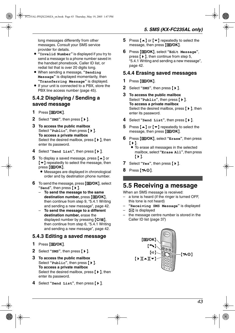 5 receiving a message, Receiving a message, 5 receiving a message | 2 displaying / sending a saved message, 3 editing a saved message, 4 erasing saved messages | Panasonic KX-FC231NZ User Manual | Page 45 / 114