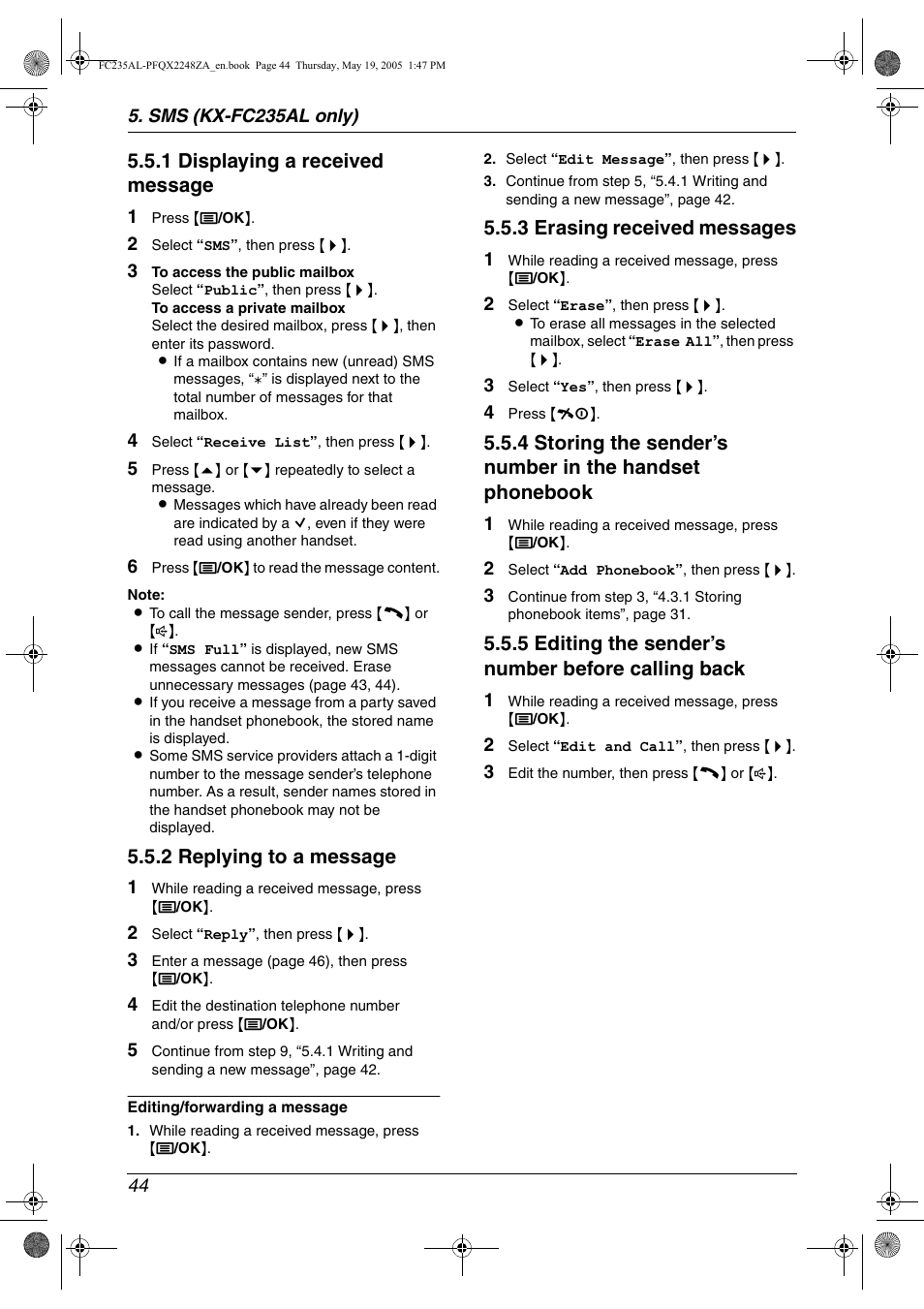 1 displaying a received message, 2 replying to a message, 3 erasing received messages | 5 editing the sender’s number before calling back | Panasonic KX-FC231NZ User Manual | Page 46 / 114