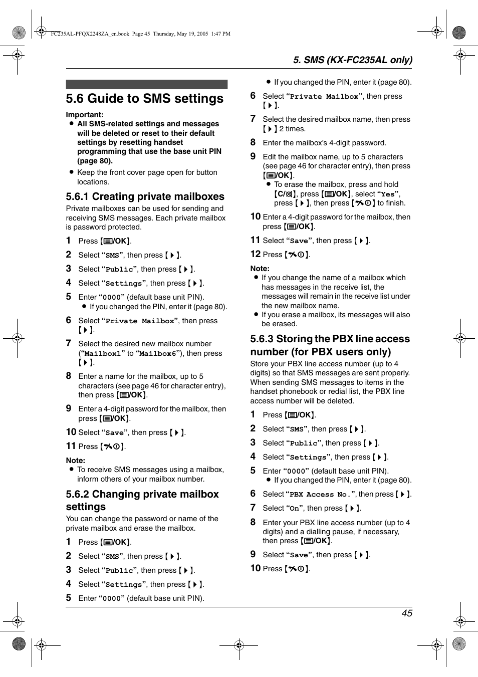 6 guide to sms settings, Guide to sms settings, 6 guide to sms settings | 1 creating private mailboxes, 2 changing private mailbox settings | Panasonic KX-FC231NZ User Manual | Page 47 / 114