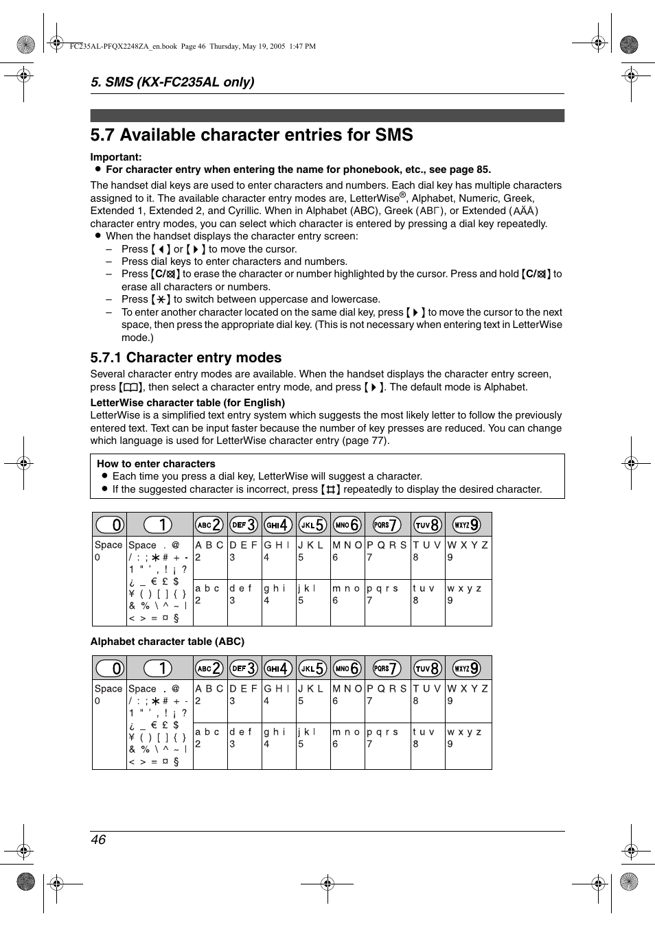 7 available character entries for sms, Available character entries for sms, 7 available character entries for sms | 1 character entry modes | Panasonic KX-FC231NZ User Manual | Page 48 / 114