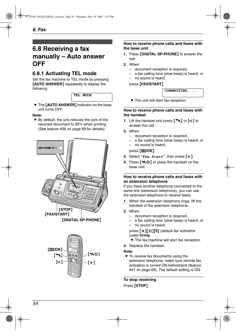 8 receiving a fax manually – auto answer off, Receiving a fax manually – auto answer off, 8 receiving a fax manually – auto answer off | 1 activating tel mode, Fax 54 | Panasonic KX-FC231NZ User Manual | Page 56 / 114