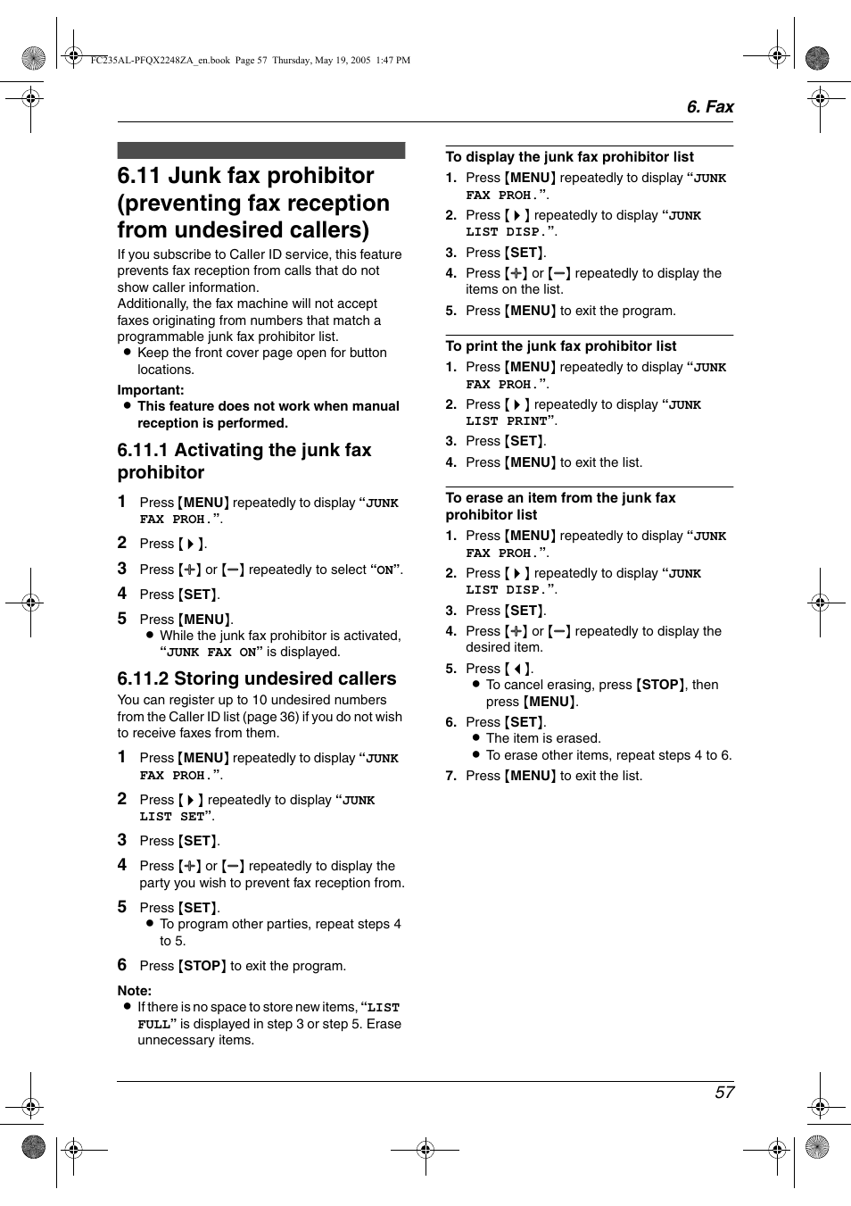 Junk fax prohibitor (preventing fax, Reception from undesired callers), 1 activating the junk fax prohibitor | 2 storing undesired callers | Panasonic KX-FC231NZ User Manual | Page 59 / 114