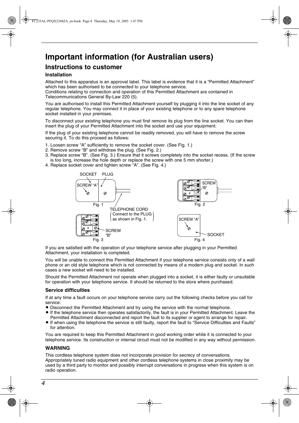 Important information (for australian users), Instructions to customer | Panasonic KX-FC231NZ User Manual | Page 6 / 114