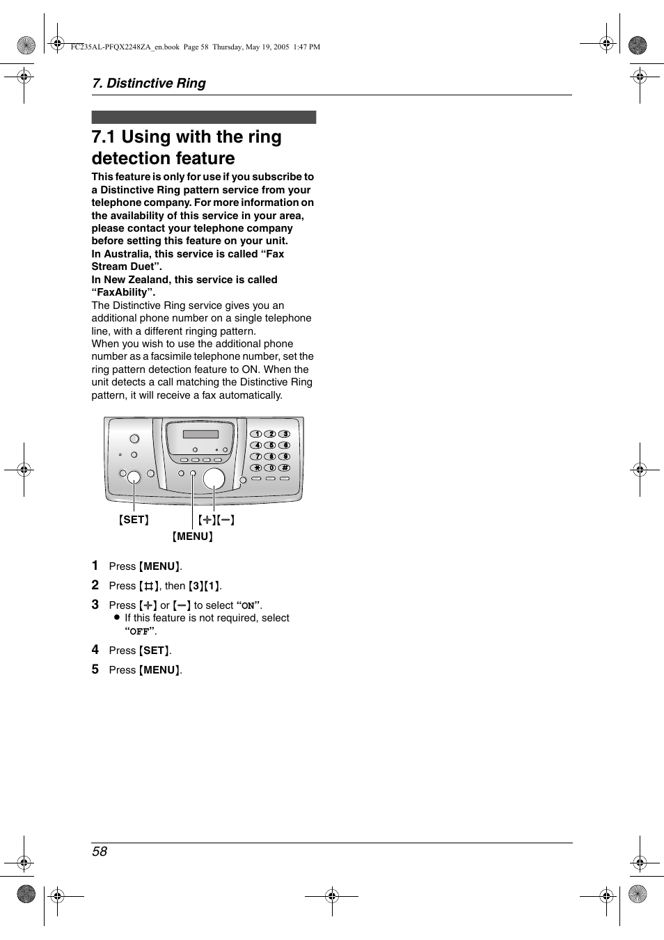 Distinctive ring, 1 using with the ring detection feature, Using with the ring detection feature | 1 using with the ring detection feature, Distinctive ring 58 | Panasonic KX-FC231NZ User Manual | Page 60 / 114