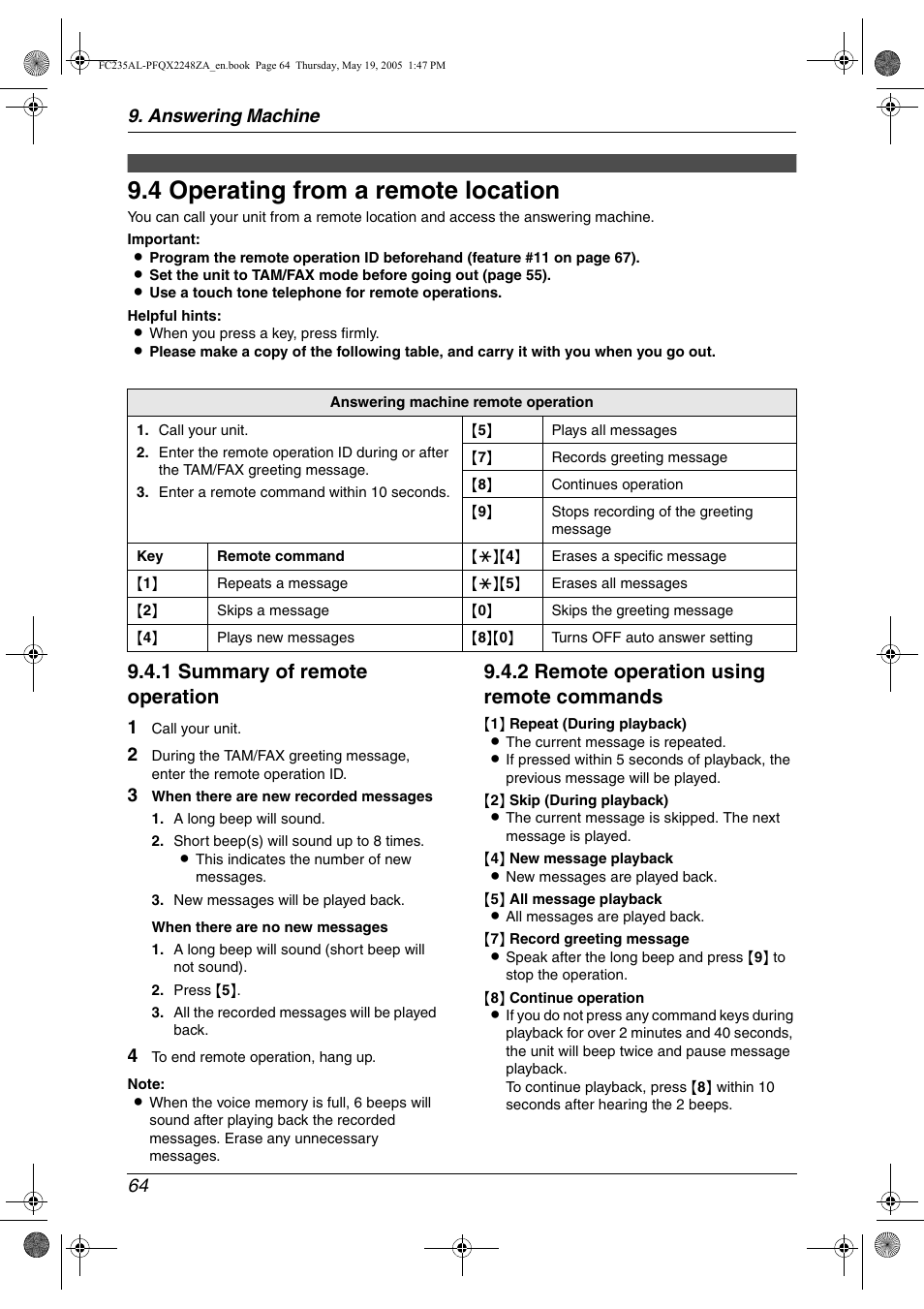 Remote operation, 4 operating from a remote location, Operating from a remote location | 4 operating from a remote location, 1 summary of remote operation, 2 remote operation using remote commands, Answering machine 64 | Panasonic KX-FC231NZ User Manual | Page 66 / 114