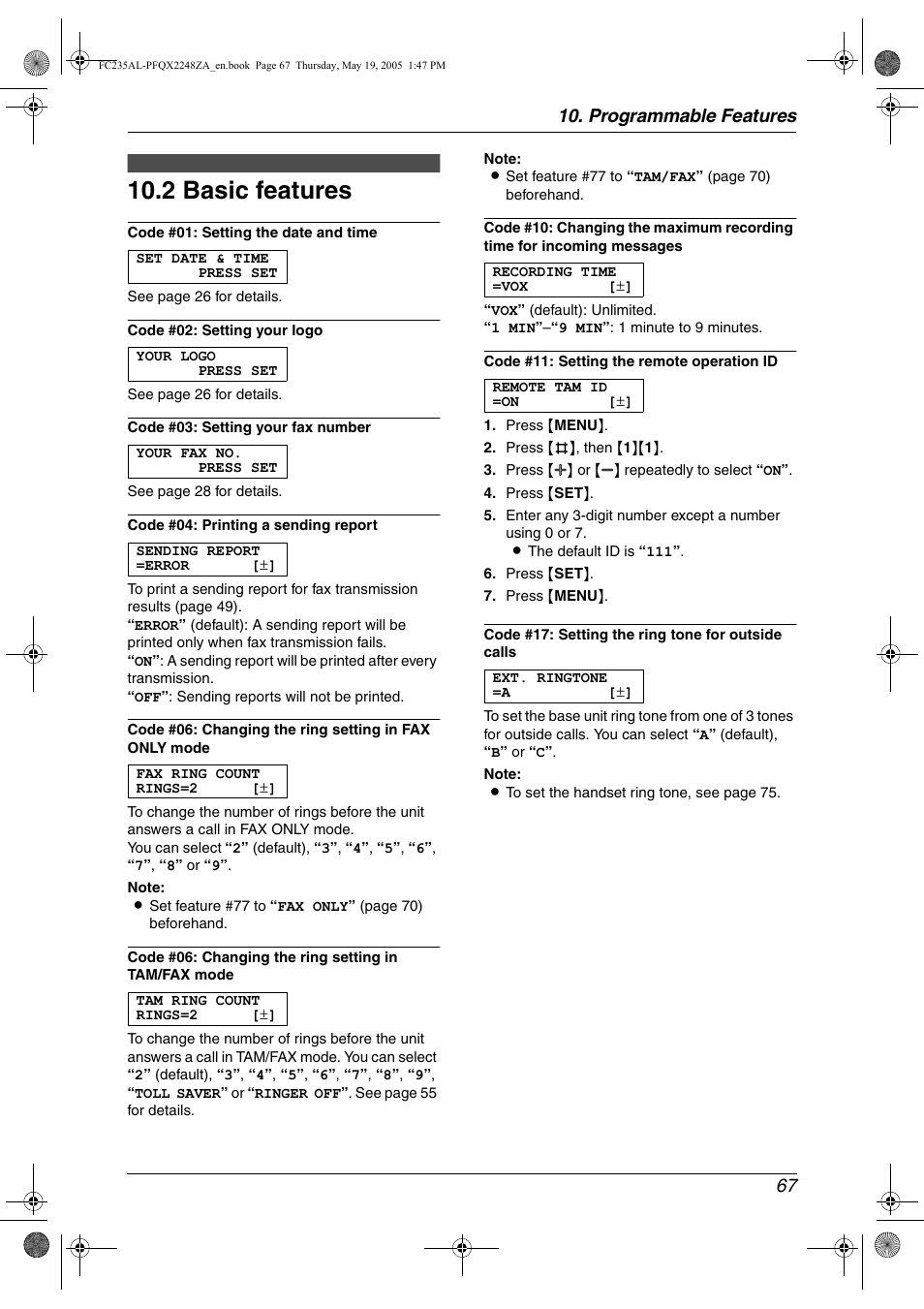 2 basic features, Basic features, 2 basic features | Programmable features 67 | Panasonic KX-FC231NZ User Manual | Page 69 / 114