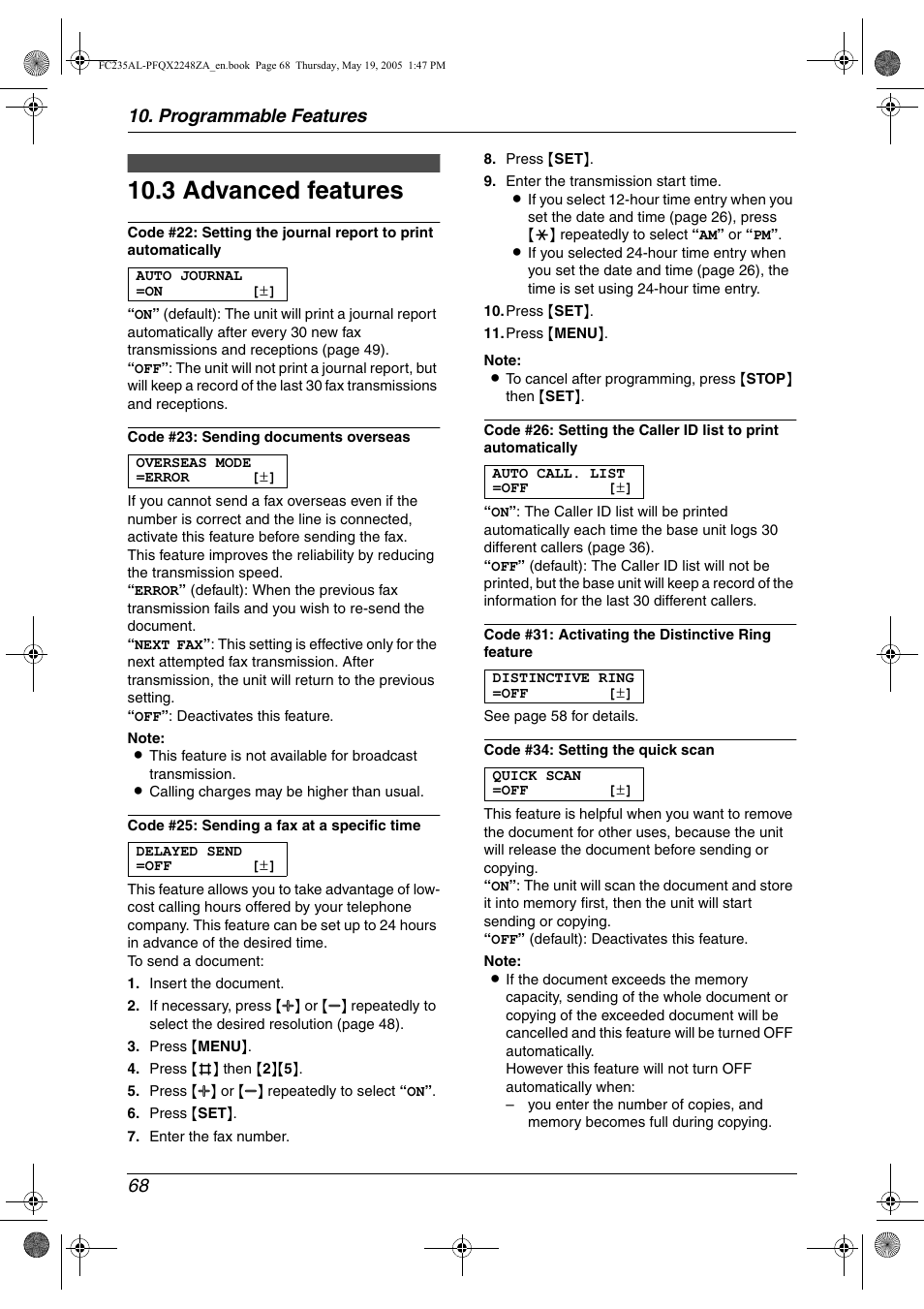 3 advanced features, Advanced features, 3 advanced features | Programmable features 68 | Panasonic KX-FC231NZ User Manual | Page 70 / 114
