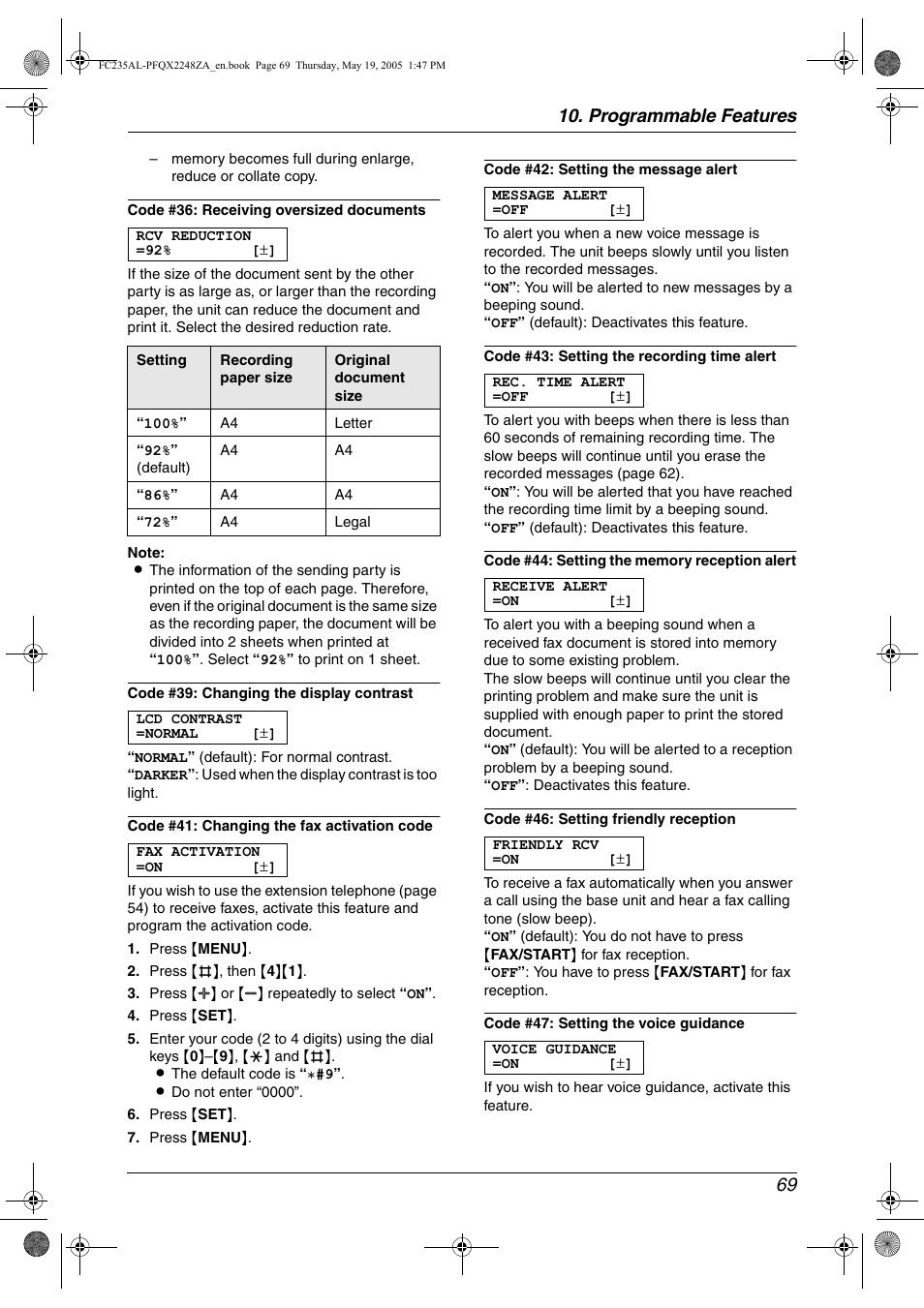 Programmable features 69 | Panasonic KX-FC231NZ User Manual | Page 71 / 114