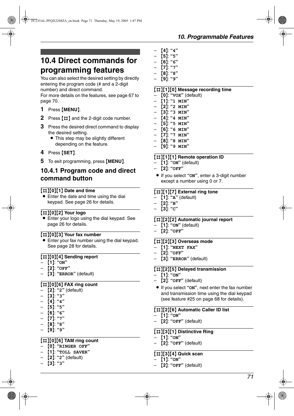 4 direct commands for programming features, Direct commands for programming, Features | 4 direct commands for programming features, 1 program code and direct command button, Programmable features 71 | Panasonic KX-FC231NZ User Manual | Page 73 / 114