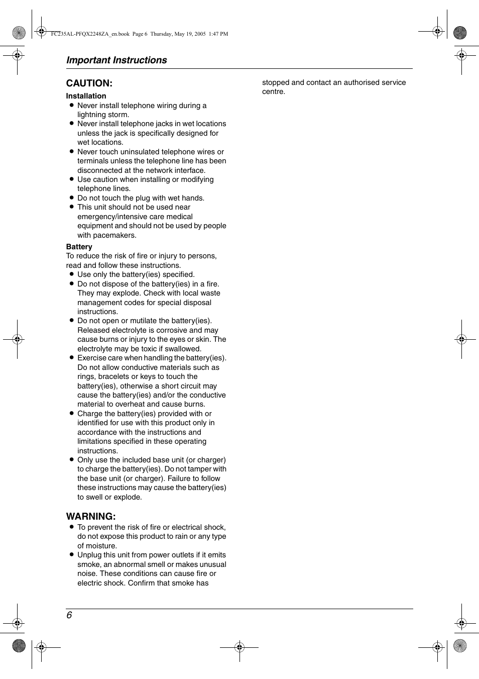 Important instructions 6 caution, Warning | Panasonic KX-FC231NZ User Manual | Page 8 / 114