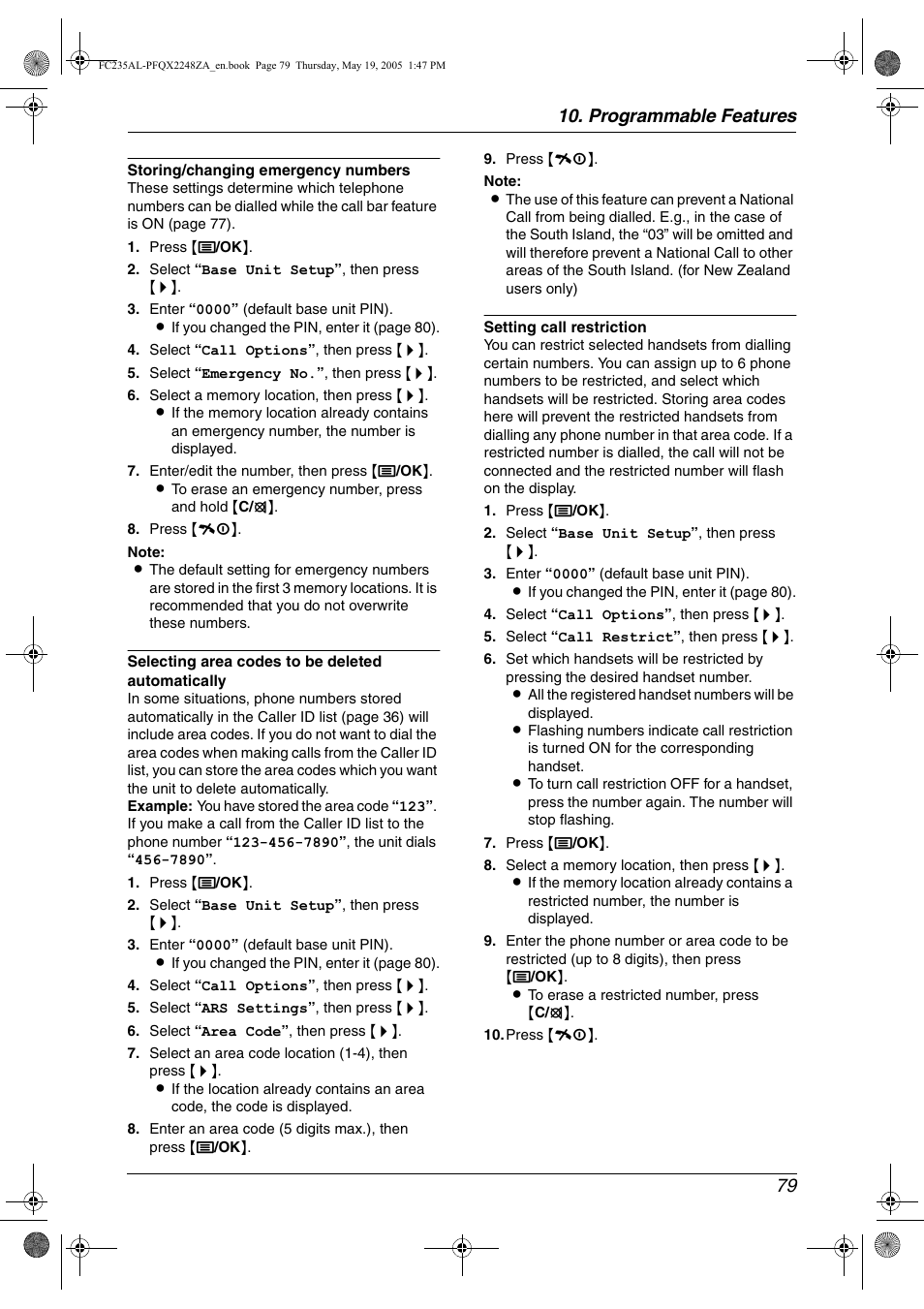 Programmable features 79 | Panasonic KX-FC231NZ User Manual | Page 81 / 114