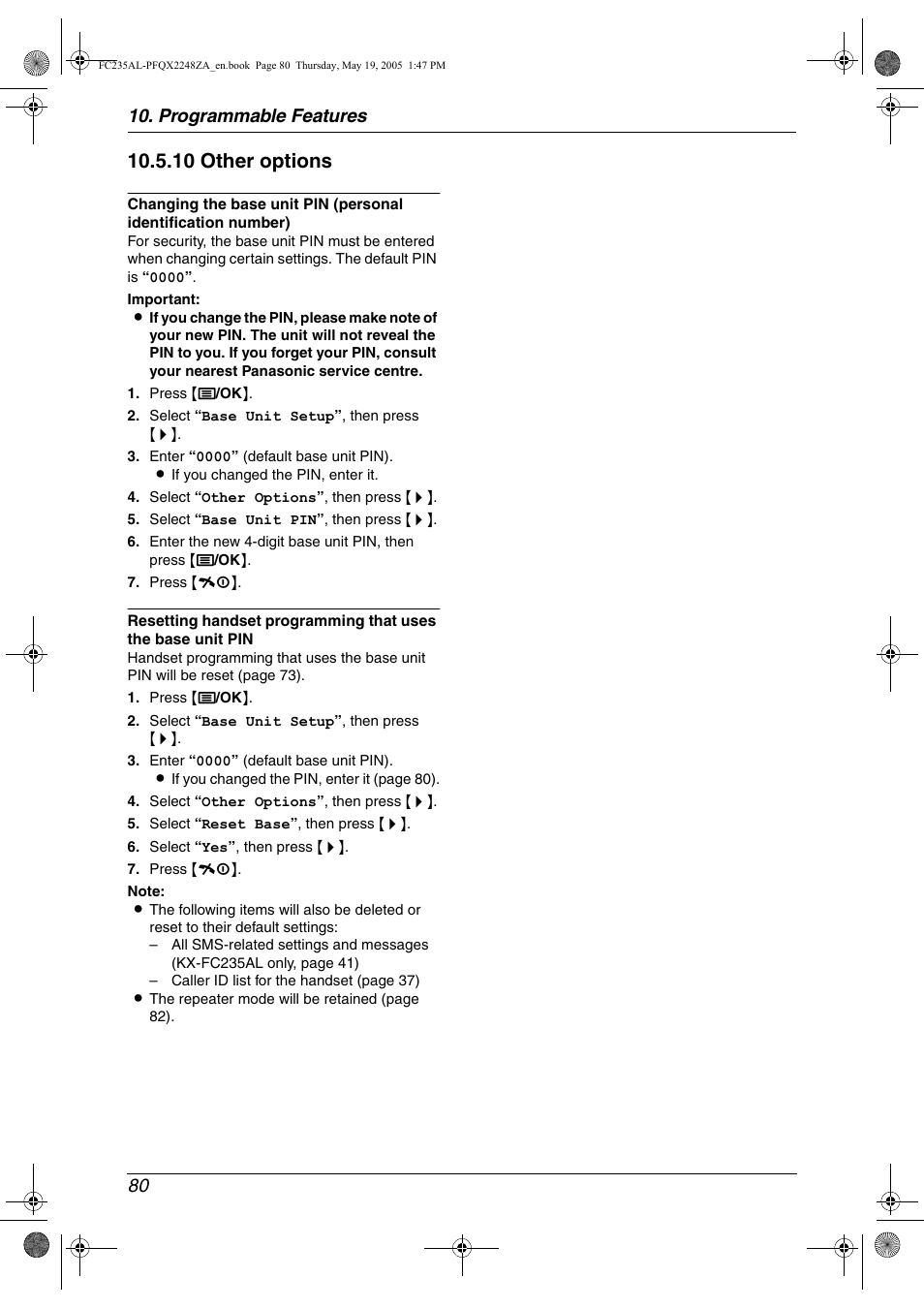 10 other options, Programmable features 80 | Panasonic KX-FC231NZ User Manual | Page 82 / 114