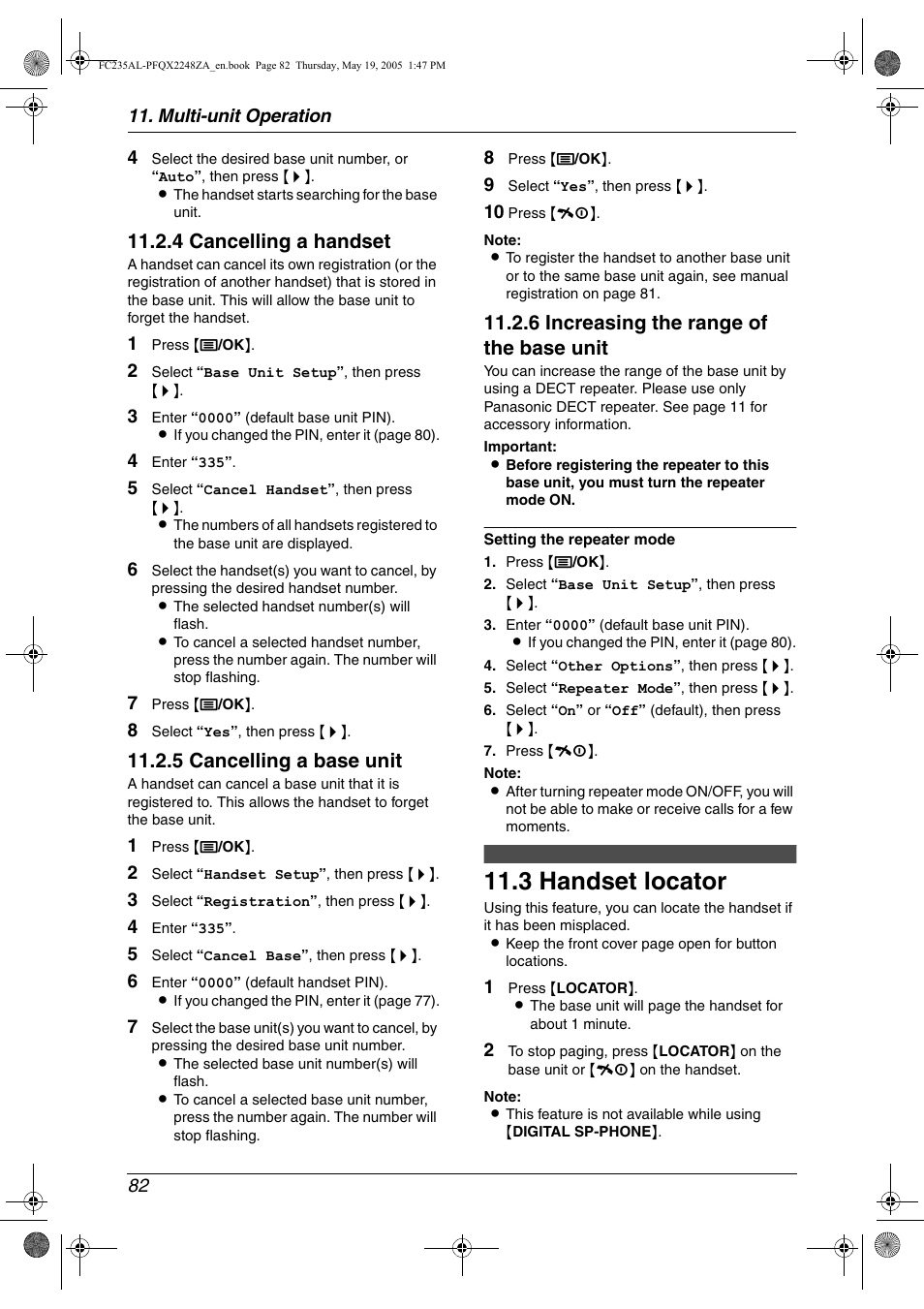 3 handset locator, Handset locator, 3 handset locator | 4 cancelling a handset, 5 cancelling a base unit, 6 increasing the range of the base unit | Panasonic KX-FC231NZ User Manual | Page 84 / 114