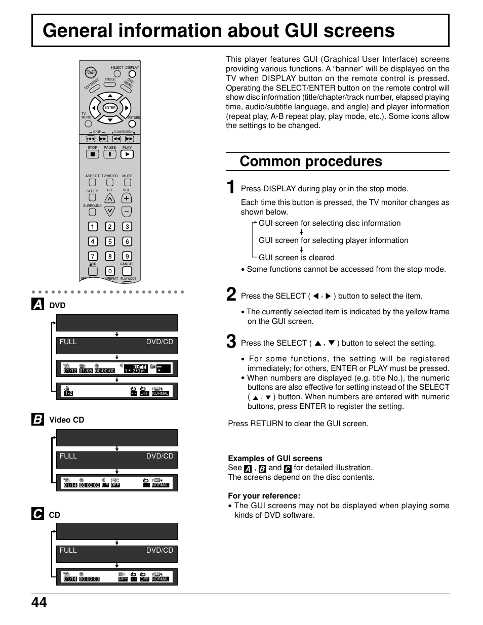 General information about gui screens, Common procedures | Panasonic TC 11LV1 User Manual | Page 44 / 60