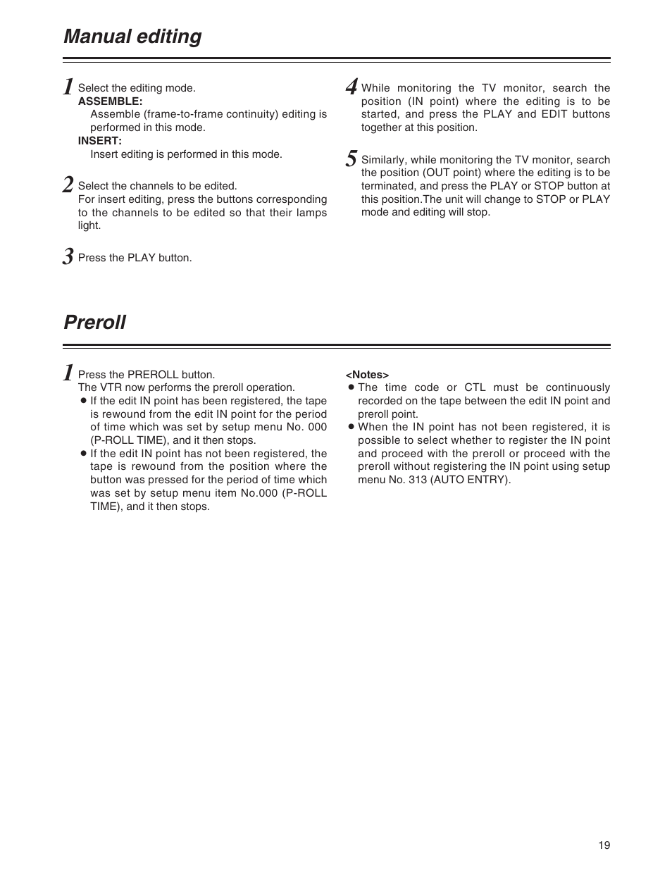 Manual editing, Preroll | Panasonic AJ-SD755P User Manual | Page 19 / 78