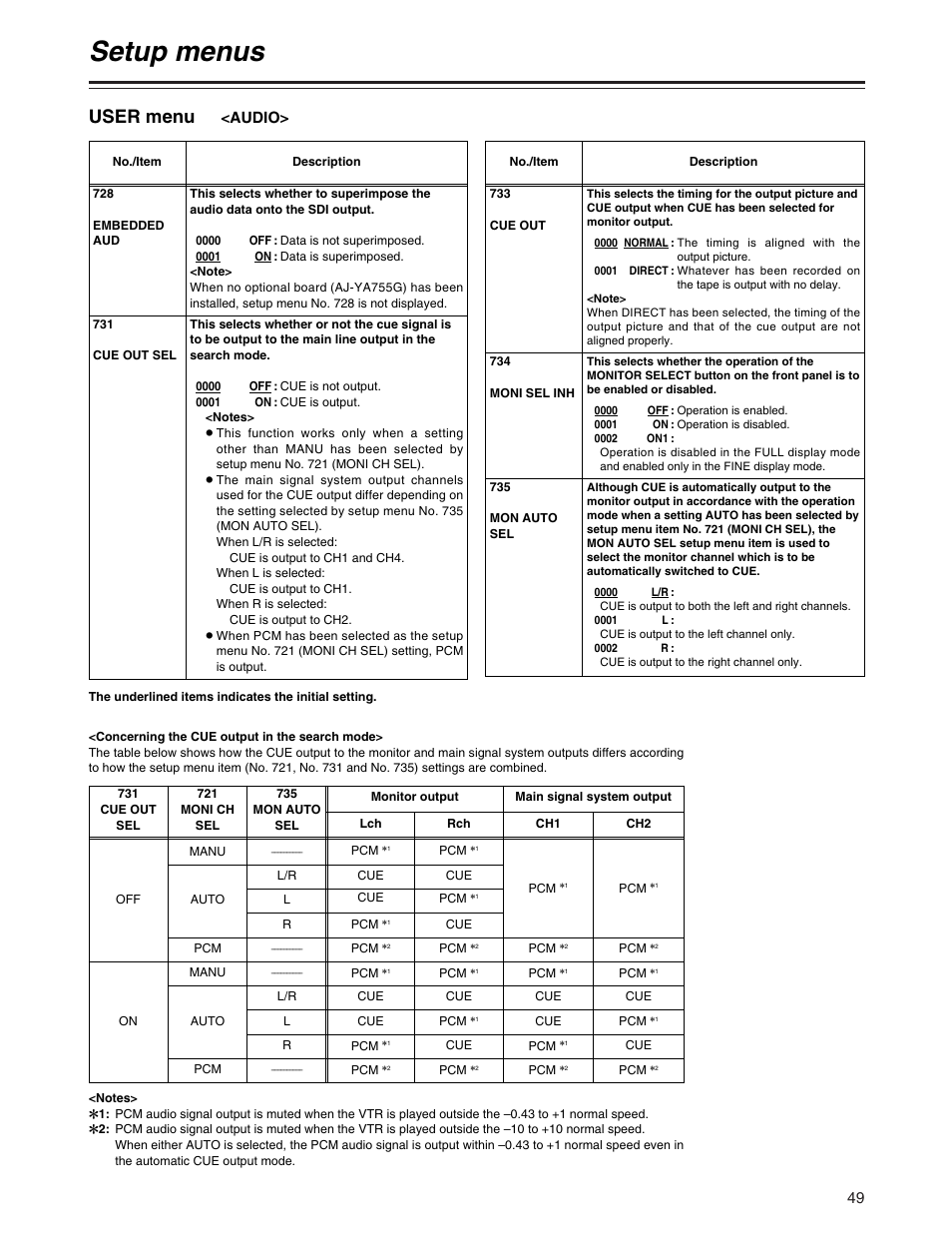 Setup menus, User menu, Audio | Panasonic AJ-SD755P User Manual | Page 49 / 78