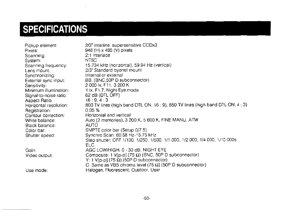 Specifications | Panasonic Convertible Camera AW-E800 User Manual | Page 52 / 56