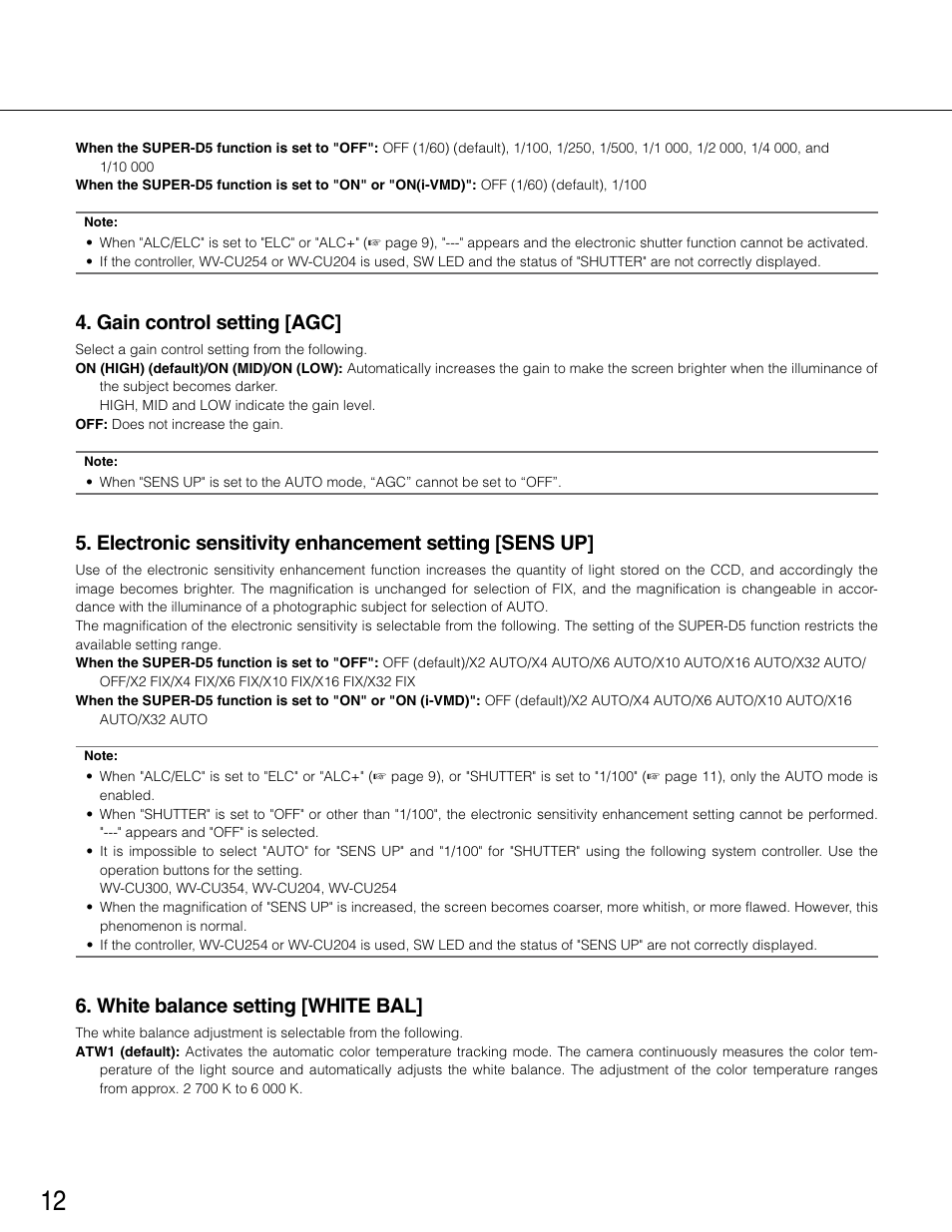 Gain control setting [agc, White balance setting [white bal | Panasonic WV-CP504 User Manual | Page 12 / 35