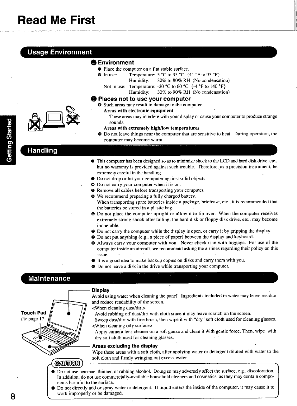 Usage environment, Handling, 9 environment | 9 places not to use your computer, Maintenance, Display, Areas excluding the display, Read me first, Usage environment handling | Panasonic TOUGHBOOK CF-48 User Manual | Page 8 / 36