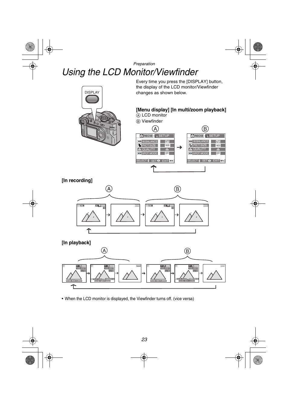 Using the lcd monitor/viewfinder, Menu display] [in multi/zoom playback, Preparation | A lcd monitor b viewfinder | Panasonic DMC-FZ1PP User Manual | Page 23 / 108
