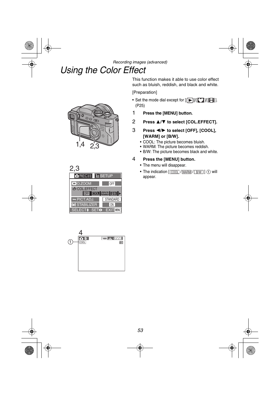 Using the color effect | Panasonic DMC-FZ1PP User Manual | Page 53 / 108