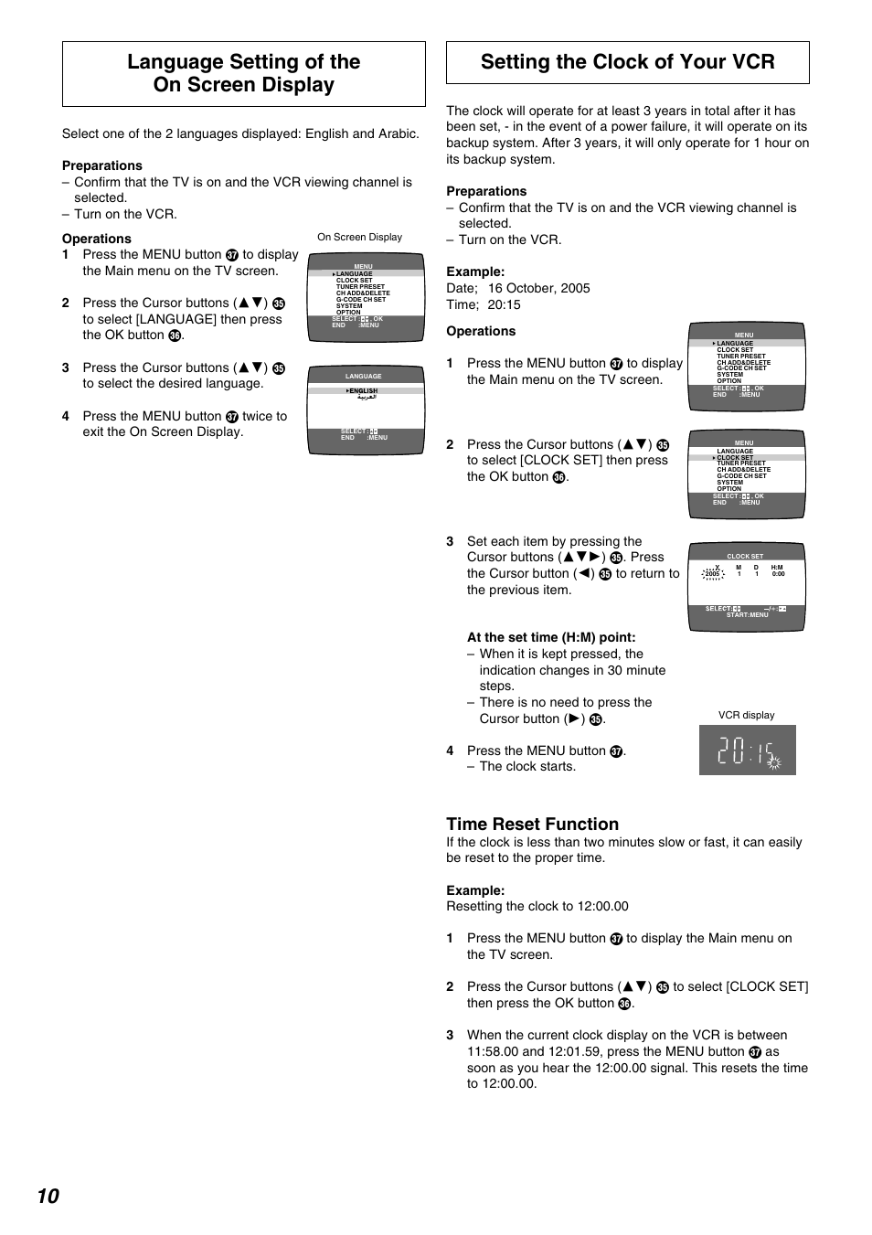 Setting the clock of your vcr, Language setting of the on screen display, Time reset function | Panasonic NV-FJ730 User Manual | Page 10 / 30