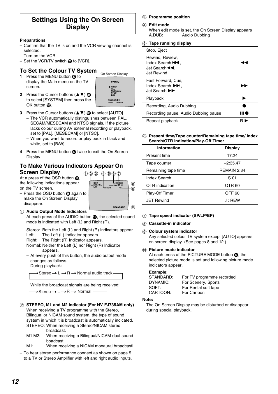 12 settings using the on screen display | Panasonic NV-FJ730 User Manual | Page 12 / 30