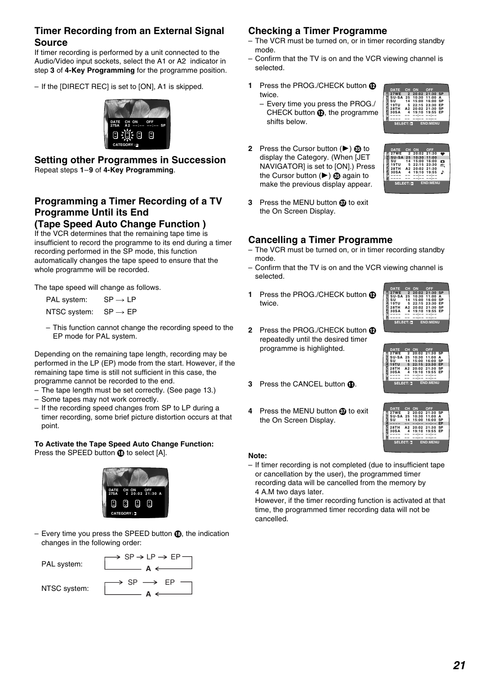 Timer recording from an external signal source, Setting other programmes in succession, Checking a timer programme | Cancelling a timer programme, Repeat steps 1 – 9 of 4-key programming, Sp a lp ep sp a ep | Panasonic NV-FJ730 User Manual | Page 21 / 30