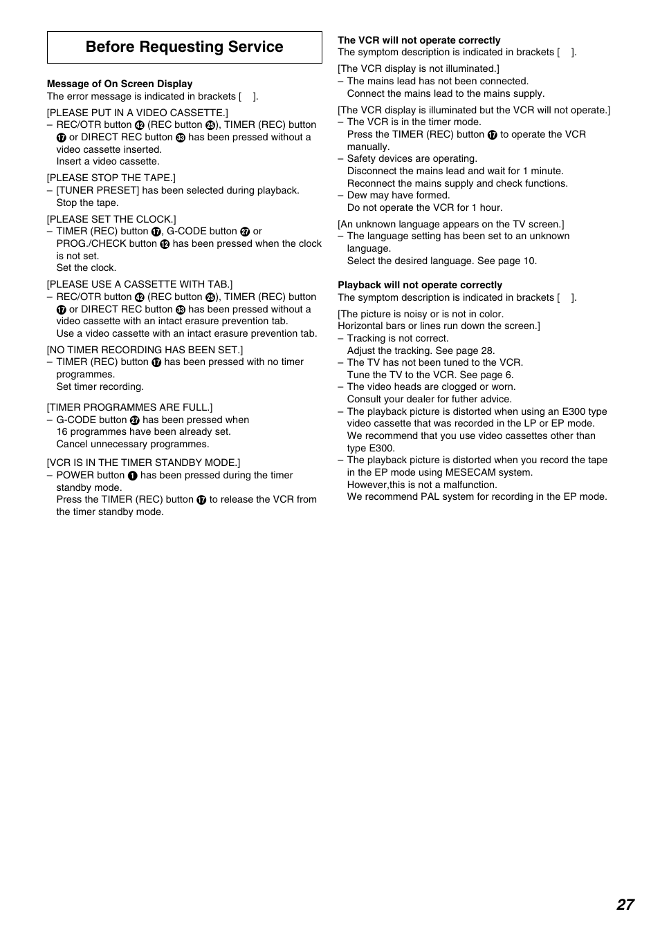 27 before requesting service | Panasonic NV-FJ730 User Manual | Page 27 / 30