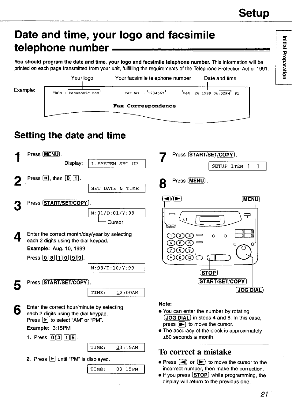 Setting the date and time, Press (start/set/copy 1, Stop | Start/s, Ët/copy, Jog dial, To correct a mistake, Setup, Ocdcd | Panasonic KX-FP101 User Manual | Page 21 / 104