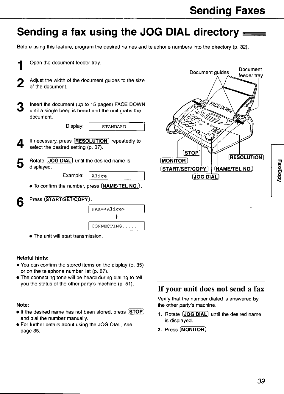 Sending a fax using the jog dial directory, Name/tel n0.1 [jog d, If your unit does not send a fax | Sending faxes, Standard, Alice, Fax=<alice, Connecting | Panasonic KX-FP101 User Manual | Page 39 / 104