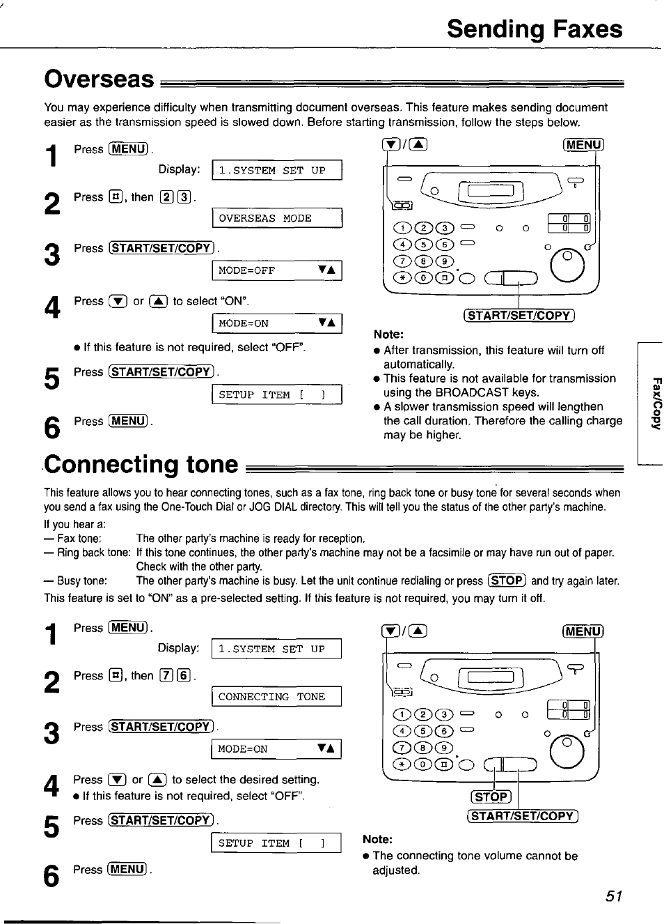 Overseas, Press [menu, Connecting tone | Note, Press [start/set/co, Menu), Press [start/set/copy, Start/set/copy, Sending faxes | Panasonic KX-FP101 User Manual | Page 51 / 104