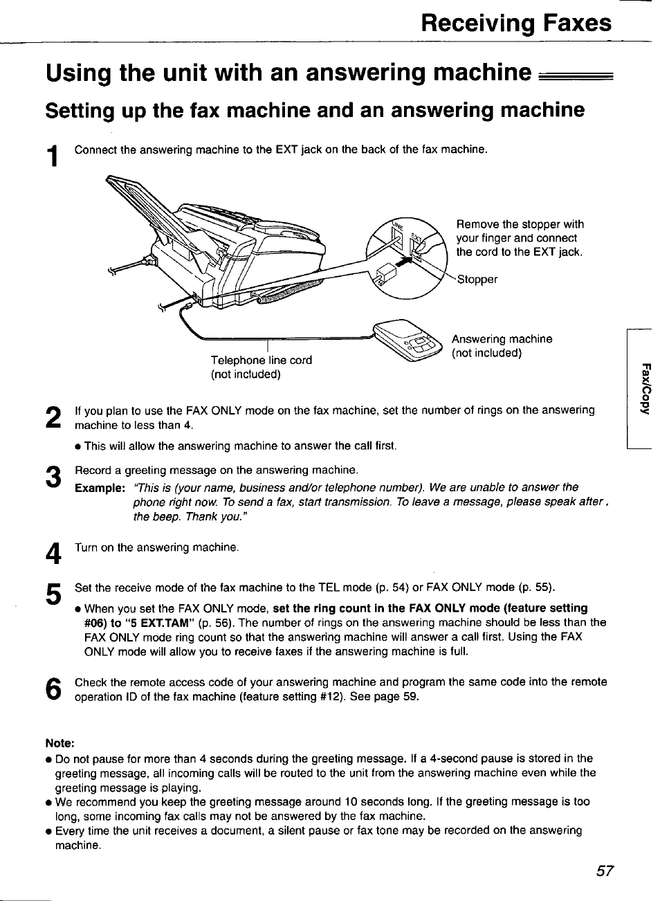 Using the unit with an answering machine, Note, Receiving faxes | Panasonic KX-FP101 User Manual | Page 57 / 104