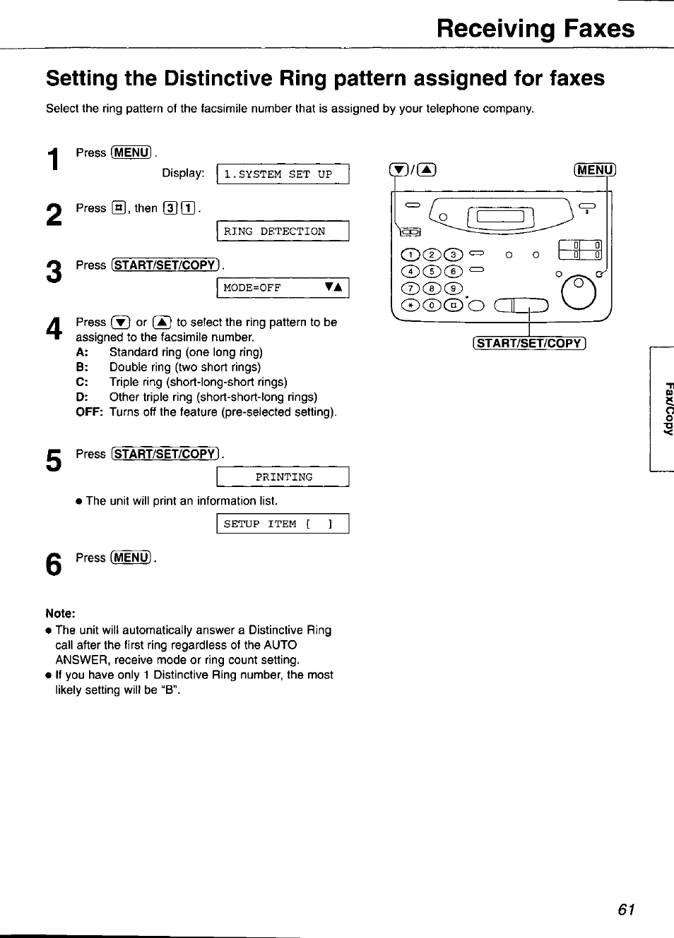 Menu), Start/set/copy), Receiving faxes | Mode=off | Panasonic KX-FP101 User Manual | Page 61 / 104