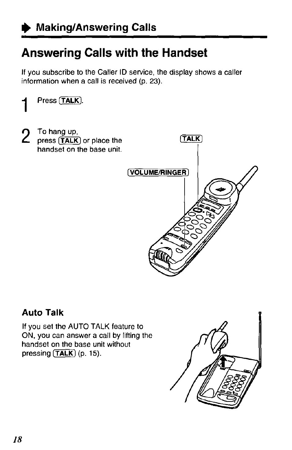 Answering calls with the handset, Auto talk, Making/answering calls | Panasonic SOUND CHANGER KX-T4168-B User Manual | Page 18 / 52