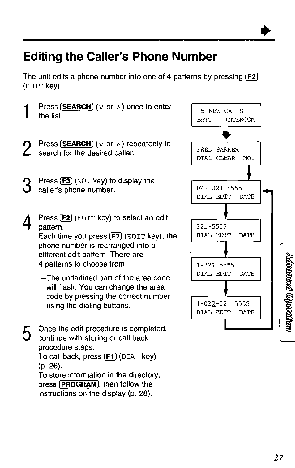 Editing the caller’s phone number | Panasonic SOUND CHANGER KX-T4168-B User Manual | Page 27 / 52