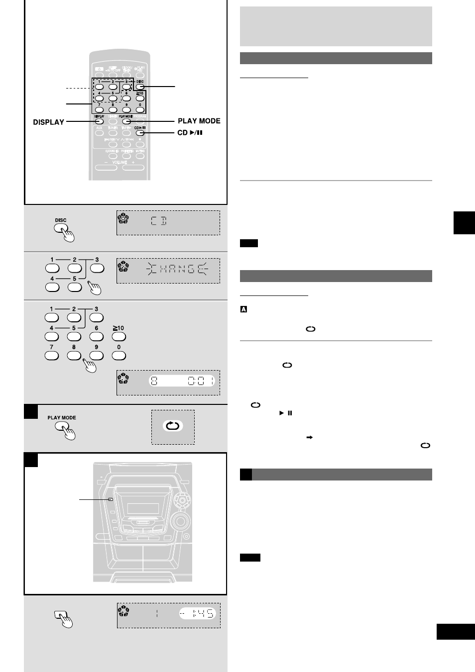 Listening to compact discs direct access play, Press [disc, Press [1] – [5] to select the disc you want | Repeat play, Press and hold [play mode] before or during play, Cd display, Press [display | Panasonic SC-AK490 User Manual | Page 19 / 32