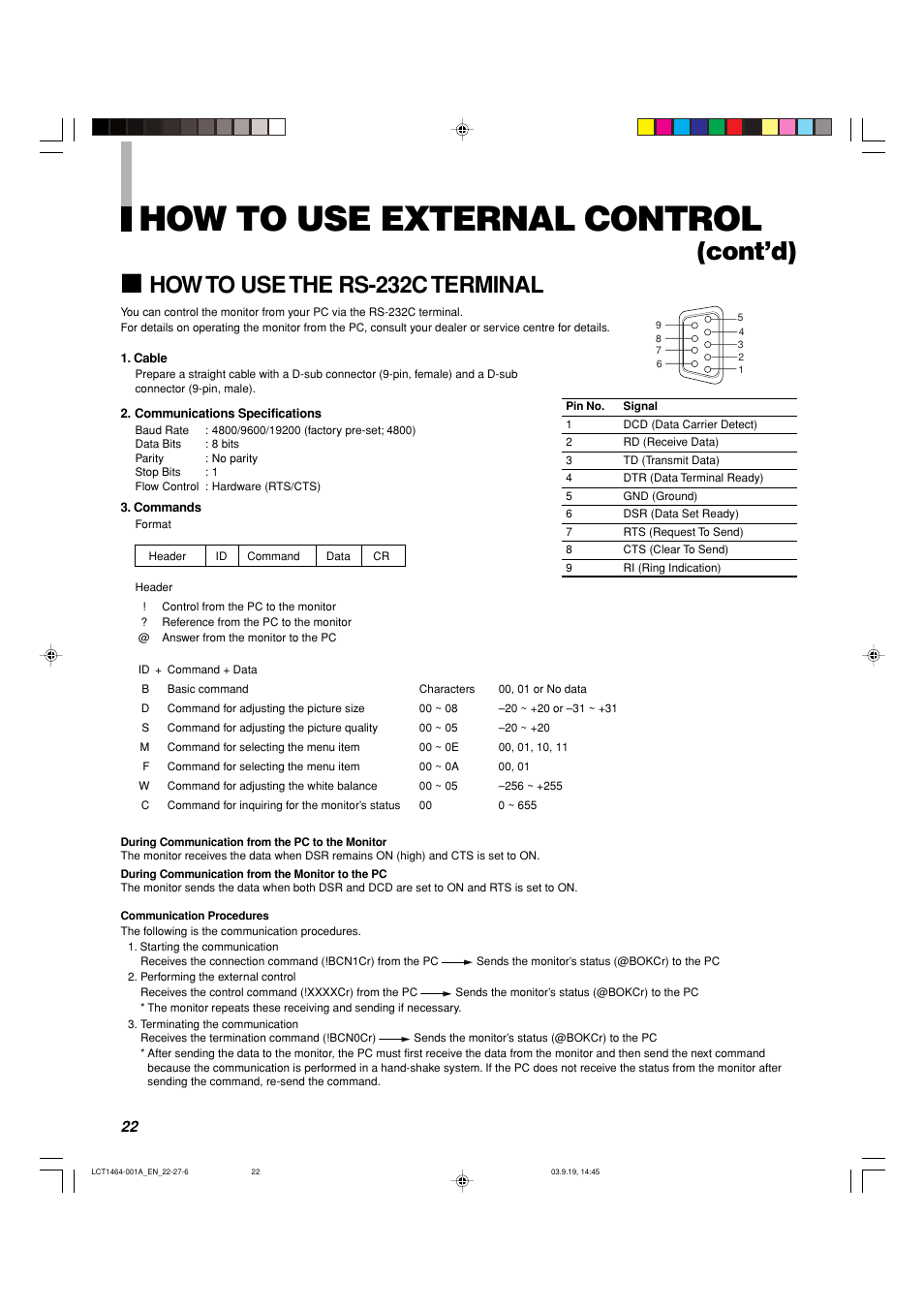 How to use external control, Cont’d), How to use the rs-232c terminal | Panasonic BT-H1700BP User Manual | Page 22 / 28