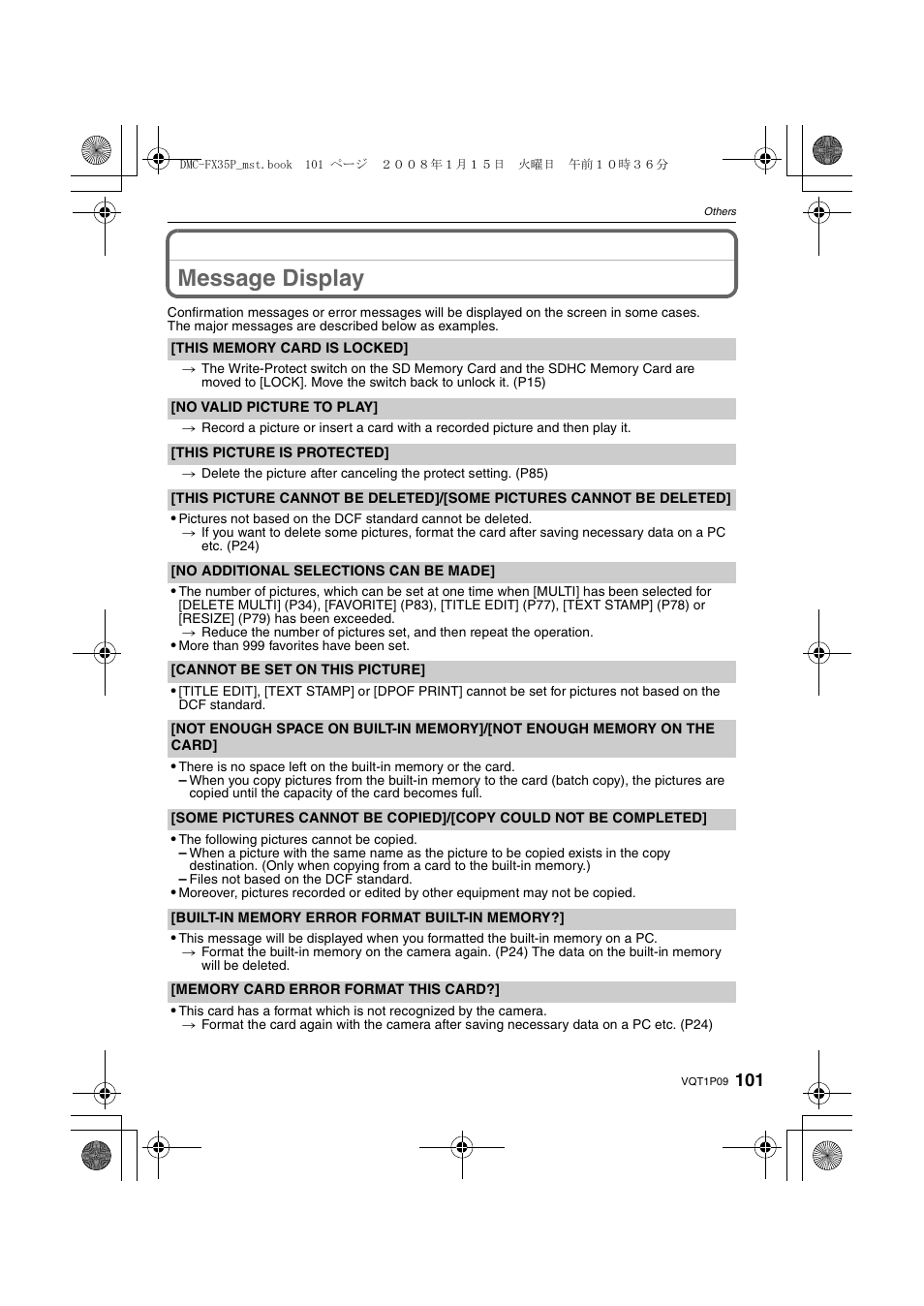 Message display | Panasonic DMC-FX35 User Manual | Page 101 / 128