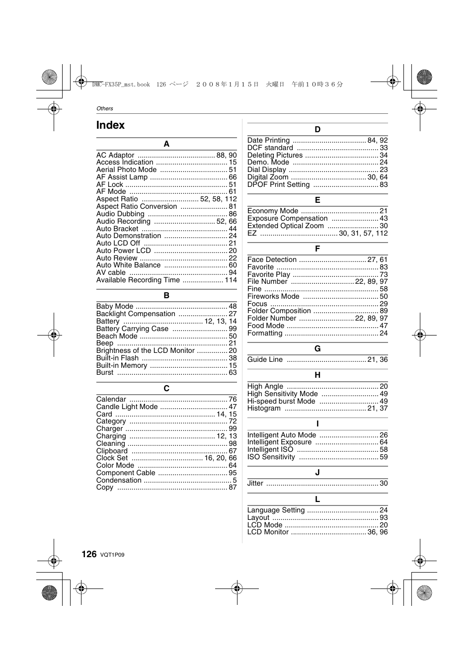 Index | Panasonic DMC-FX35 User Manual | Page 126 / 128